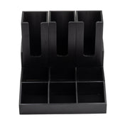 A black painted bamboo organizer with three tall vertical slots at the back and six smaller compartments at the front, perfect as a Coffee Condiment Organizer or for holding mail, stationery, or office supplies in style.