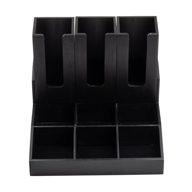 A black painted bamboo organizer with three tall vertical slots at the back and six smaller compartments at the front, perfect as a Coffee Condiment Organizer or for holding mail, stationery, or office supplies in style.