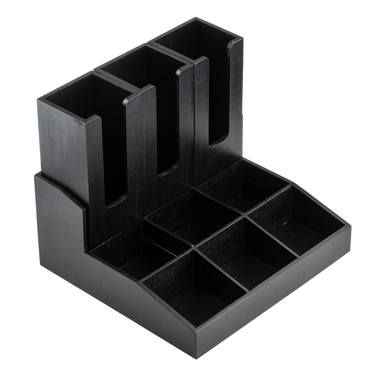 A modern, angular black plastic organizer with three tall compartments for pens or markers and six shallow sections for supplies. Perfect as a coffee condiment organizer or for cup/lid holders in break rooms and offices.