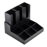 A modern, angular black plastic organizer with three tall compartments for pens or markers and six shallow sections for supplies. Perfect as a coffee condiment organizer or for cup/lid holders in break rooms and offices.