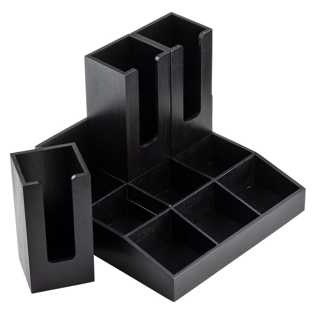 A black painted bamboo desk organizer with various compartments, including upright slots for pens or remote controls, six rectangular sections for sorting small items, and a removable side compartment—perfect as a coffee condiment organizer or cup/lid holders.