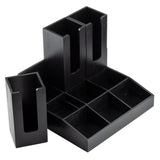 A black painted bamboo desk organizer with various compartments, including upright slots for pens or remote controls, six rectangular sections for sorting small items, and a removable side compartment—perfect as a coffee condiment organizer or cup/lid holders.