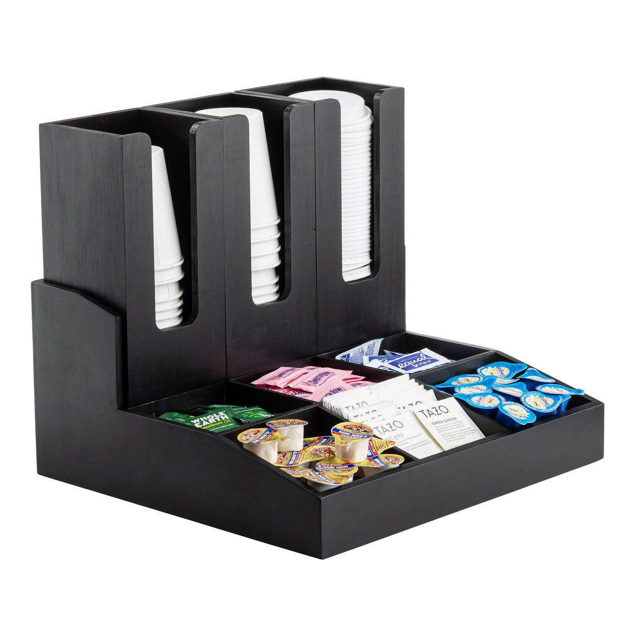 A black Coffee Condiment Organizer with three vertical cup/lid holders stores white disposable cups, while four compartments below neatly organize creamer pods, sweetener packets, and tea bags.
