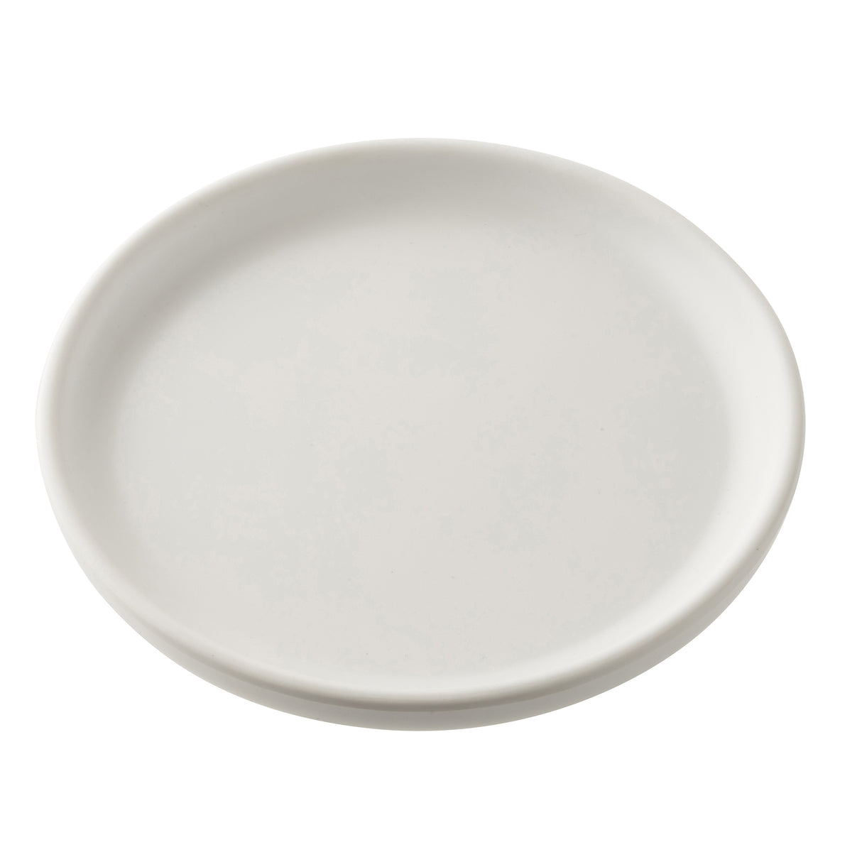A plain, round, white serving plate from the Terra Collection is shown against a white background. The melamine surface has slightly raised edges and no decorations, with lighting that highlights its simple and clean design.