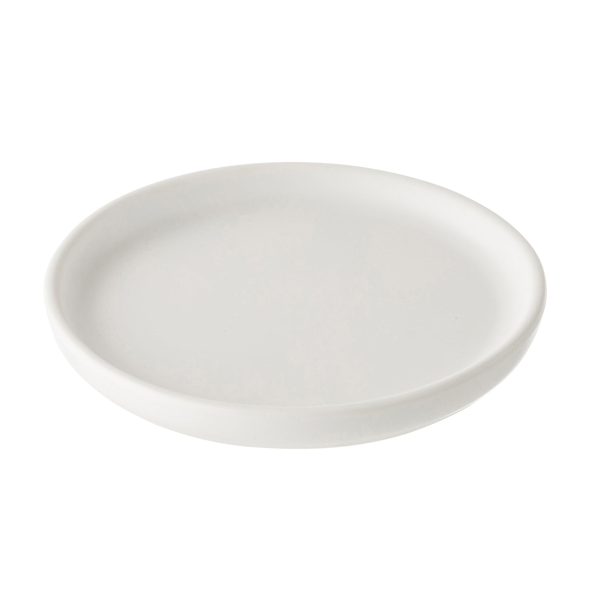 A plain, round, white ceramic serving plate with slightly raised edges is shown against a white background. The plate appears empty and clean, with smooth, simple lines and a minimalist design.