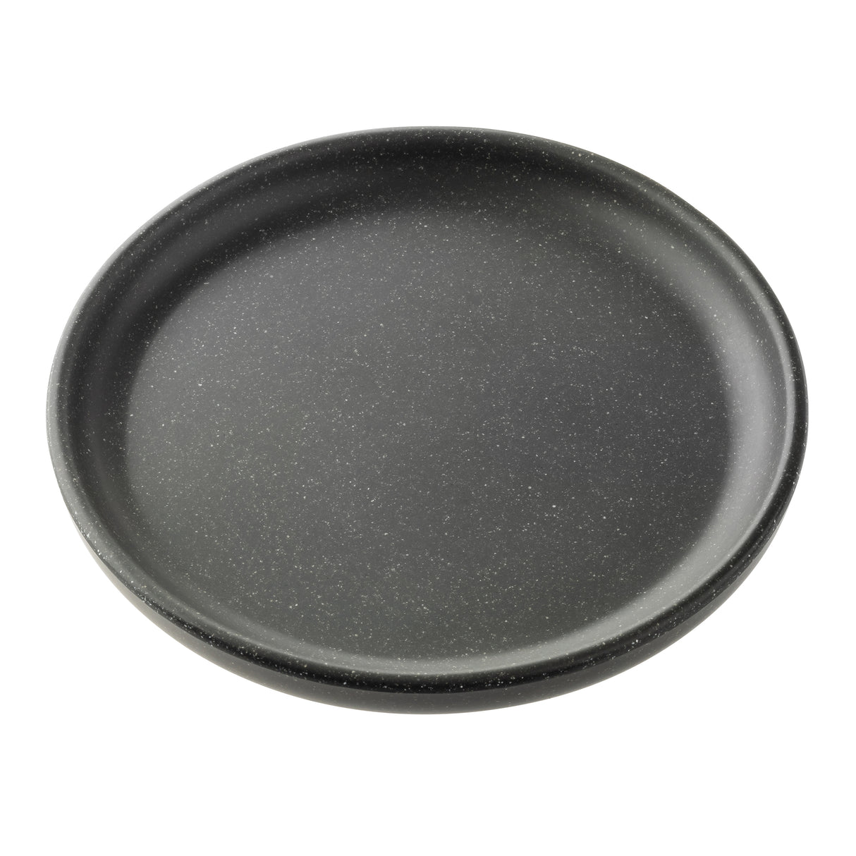 A round, gray speckled plate from the Terra Collection Serving Plate series sits on a white background. It features a slightly raised rim and a smooth, matte finish for an elegant touch.
