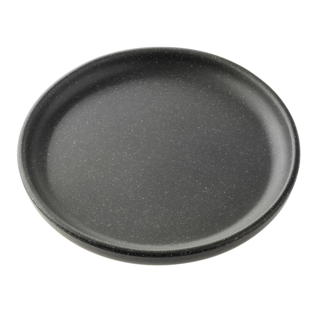 A round, gray speckled plate from the Terra Collection Serving Plate series sits on a white background. It features a slightly raised rim and a smooth, matte finish for an elegant touch.