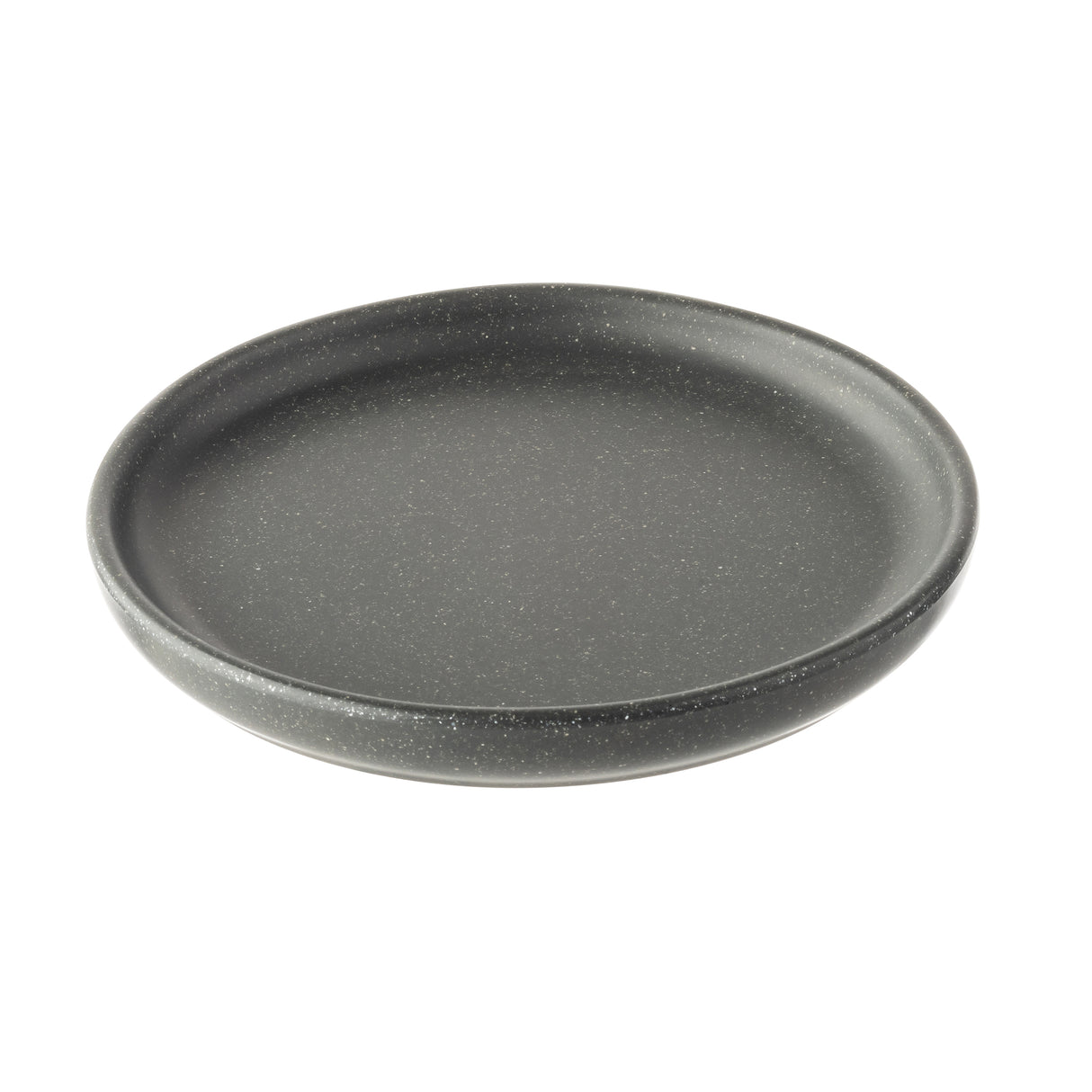 A round, dark gray speckled plate with a slightly raised rim and a matte, textured finish, shown on a white background. The plate appears empty and has a simple, modern design from the Terra Collection Serving Plate series.