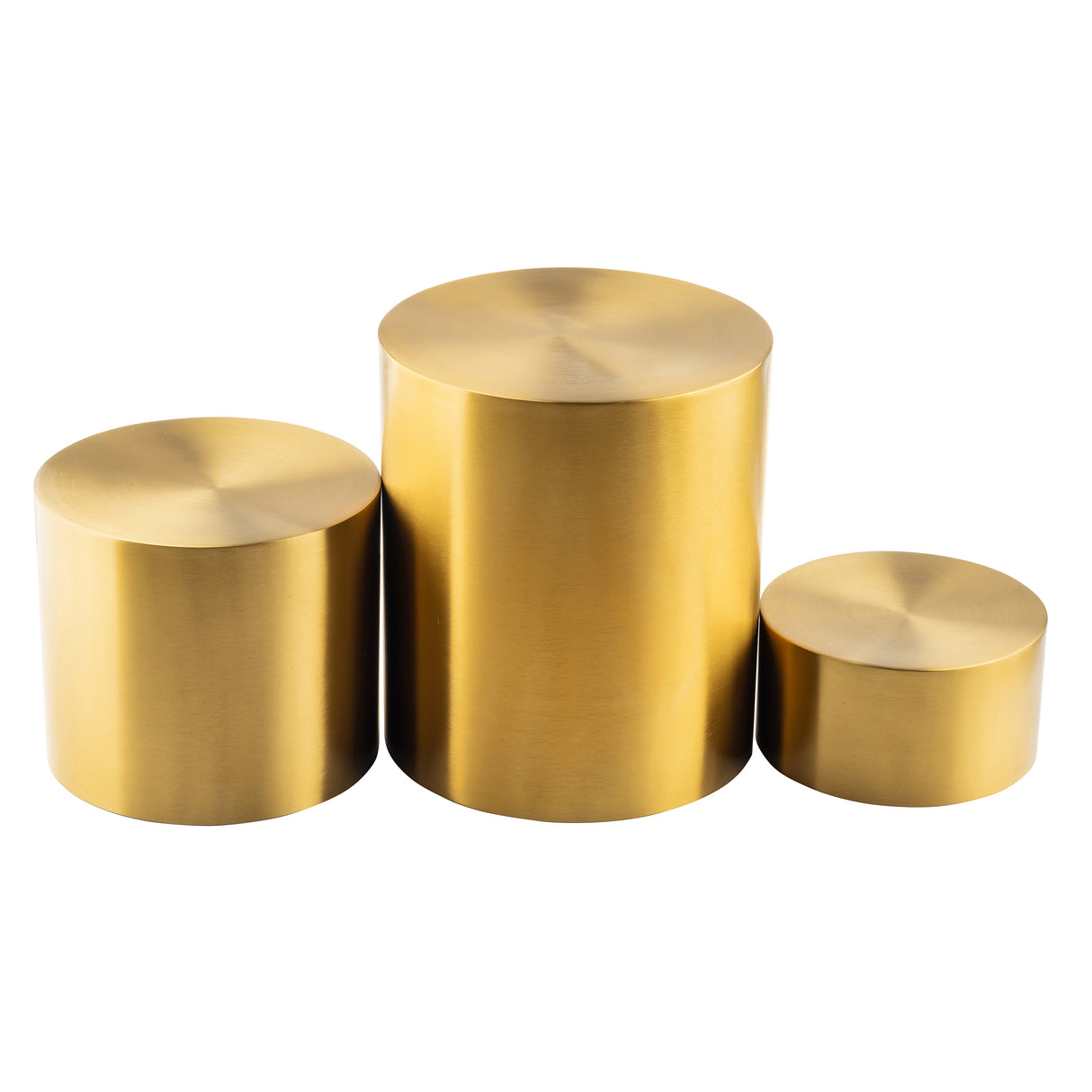 Three cylindrical gold stainless steel containers of varying heights form a striking nesting riser set, arranged side by side on a white background with smooth metallic finishes and flat tops—the tallest in the center, shortest on the right, medium left.