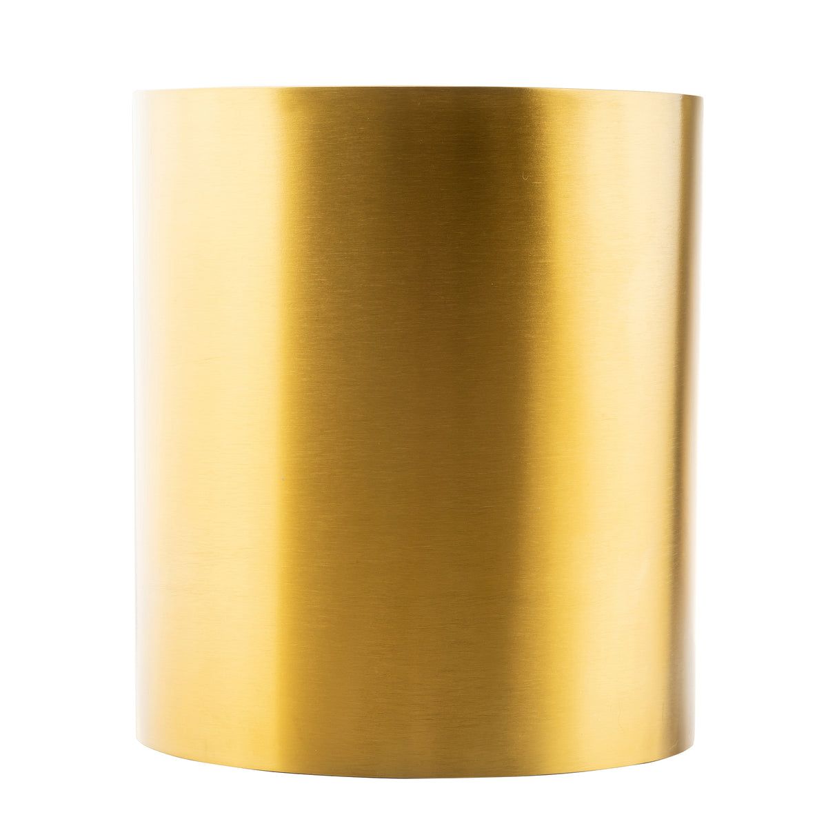 A cylindrical stainless steel object with a smooth, brushed gold finish stands upright against a white background. Its shiny, luxurious appearance hints at its use as part of a sophisticated nesting riser set.