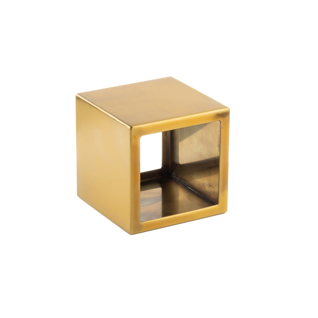 A metallic gold, hollow cube resembling a gold riser set with one open side, placed on a white background. The cube has smooth surfaces and clean edges, reflecting light, and its empty interior reveals the background through it.