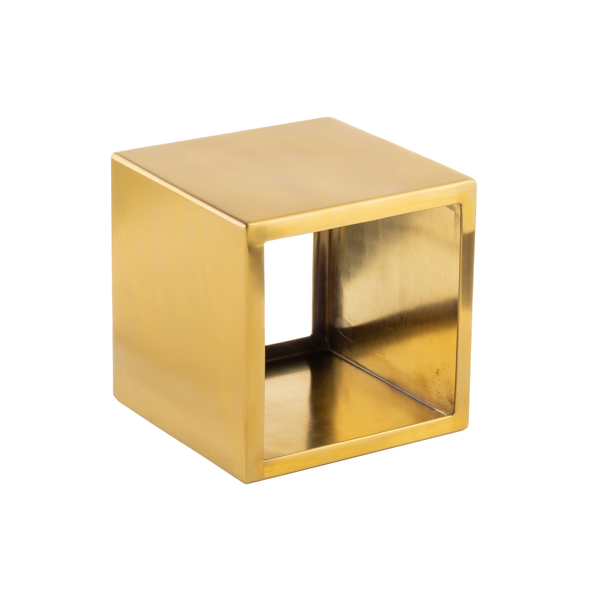 A shiny, metallic gold riser set cube sits on a white background. One face is open, revealing its hollow interior and smooth reflective surfaces. The sharp, clean edges give it a modern, geometric look perfect for sleek display settings.
