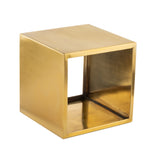 A gold riser set forms a metallic, open-sided cube on a white background. The cube is hollow with no front or back panels, featuring a smooth, reflective surface and sharp, straight edges for a modern display.