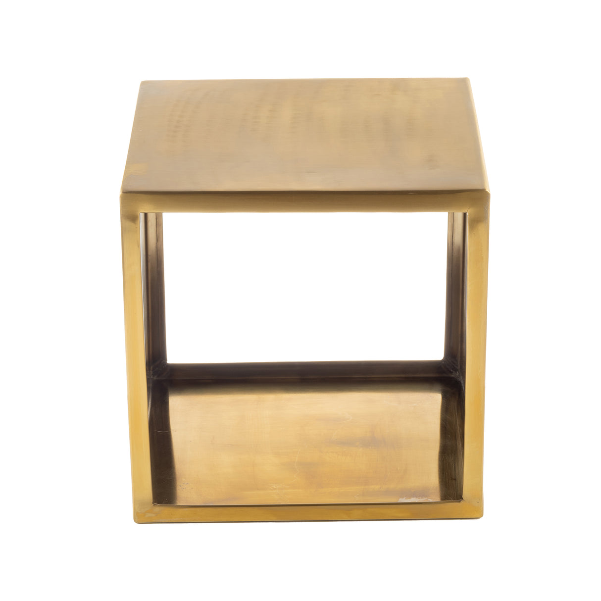 A square, open-sided gold riser set with clean lines and a smooth, reflective finish. This minimalist table features a geometric design, hollow center, and flat top surface—perfect as a modern accent or stainless steel riser alternative. Background is plain white.