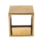 A square, open-sided gold riser set with clean lines and a smooth, reflective finish. This minimalist table features a geometric design, hollow center, and flat top surface—perfect as a modern accent or stainless steel riser alternative. Background is plain white.