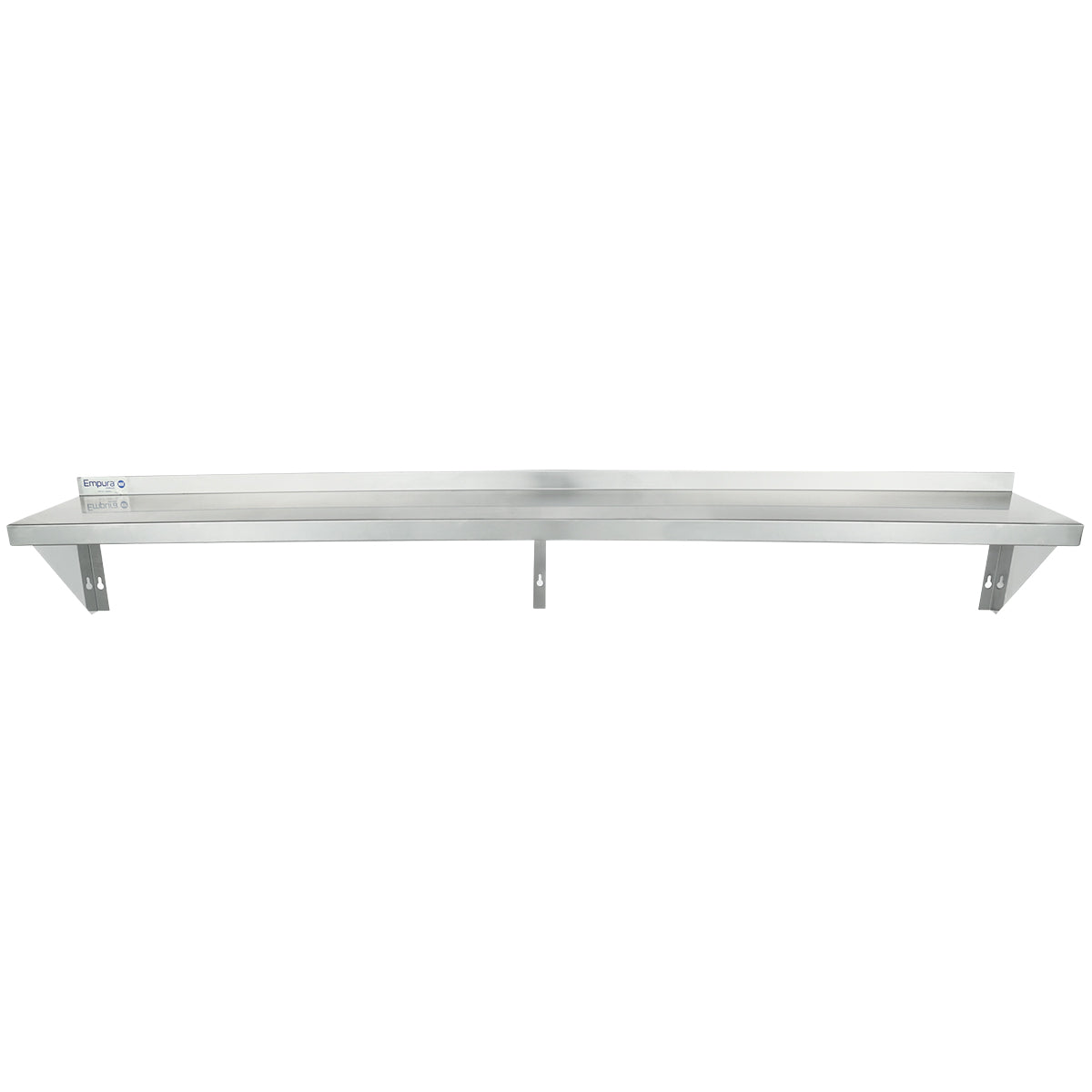 A long, silver NSF stainless steel shelf with a backsplash, supported by three triangular metal brackets underneath. This wall mount storage shelf is empty and photographed against a plain white background, showcasing its clean, industrial design.