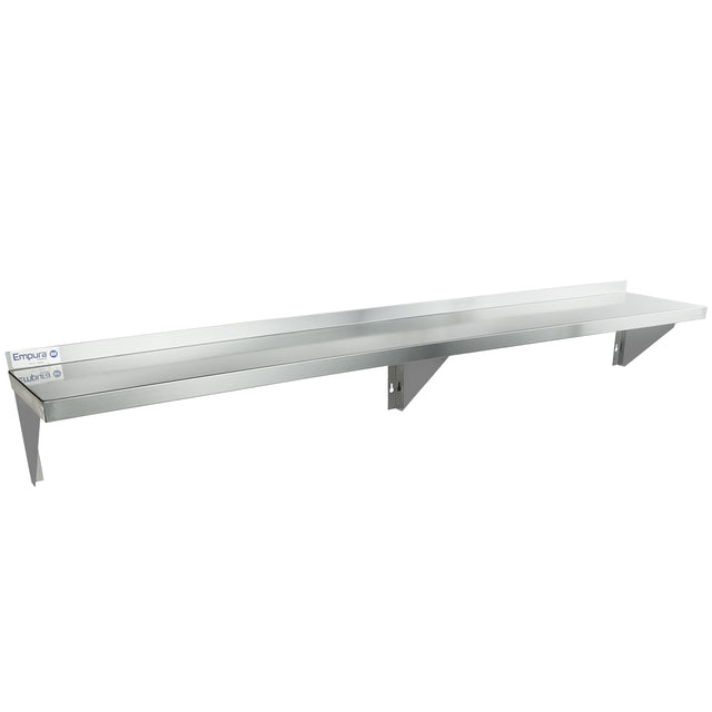 A long, silver NSF stainless steel shelf with a raised back lip and two sturdy triangular brackets for support, mounted against a plain white background. The wall mount storage shelf features a smooth, reflective finish.
