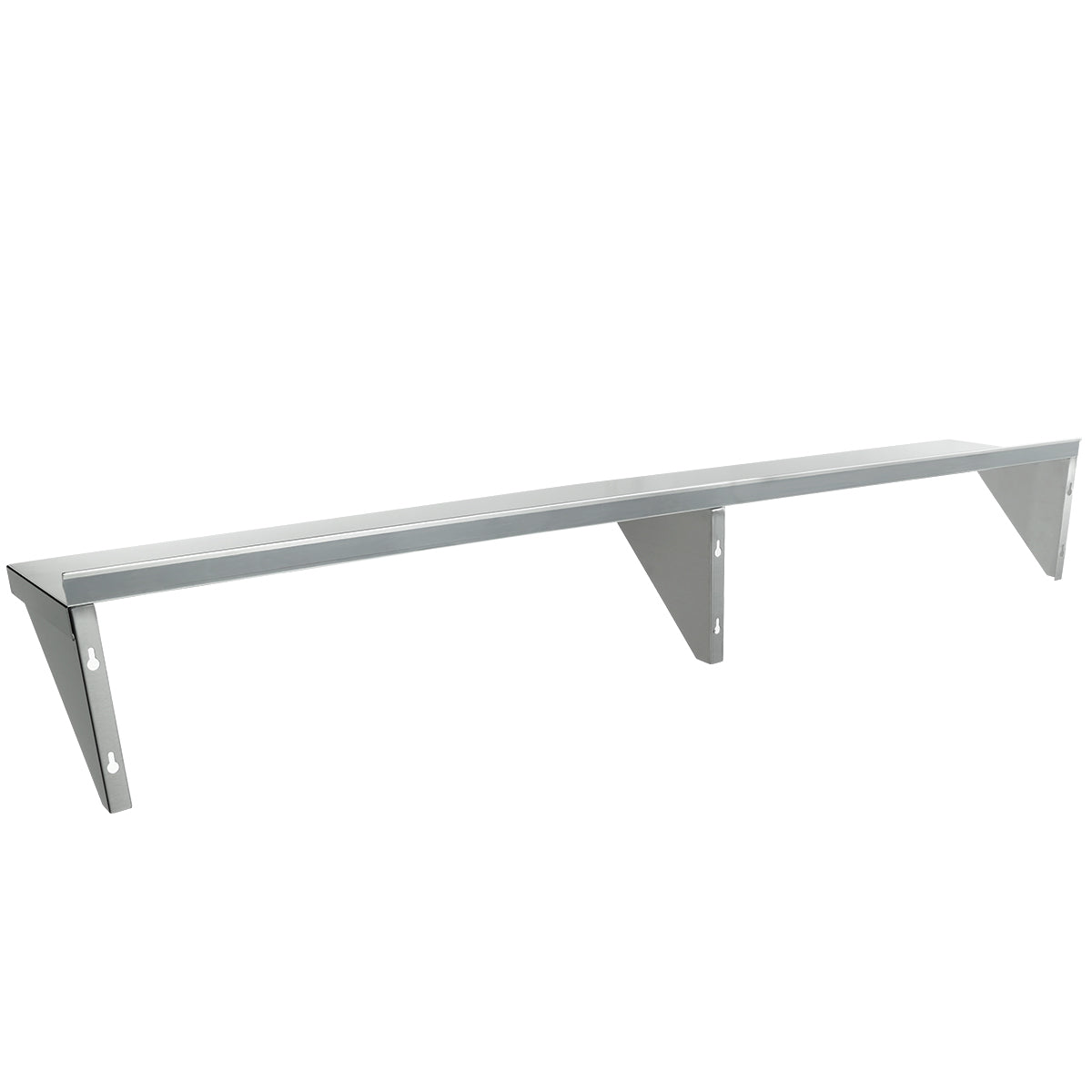 This NSF stainless steel shelf features a sleek, modern design with three triangular brackets for sturdy wall mount storage. Perfect for kitchens, garages, or industrial settings, it offers reliable organization and heavy-duty support.