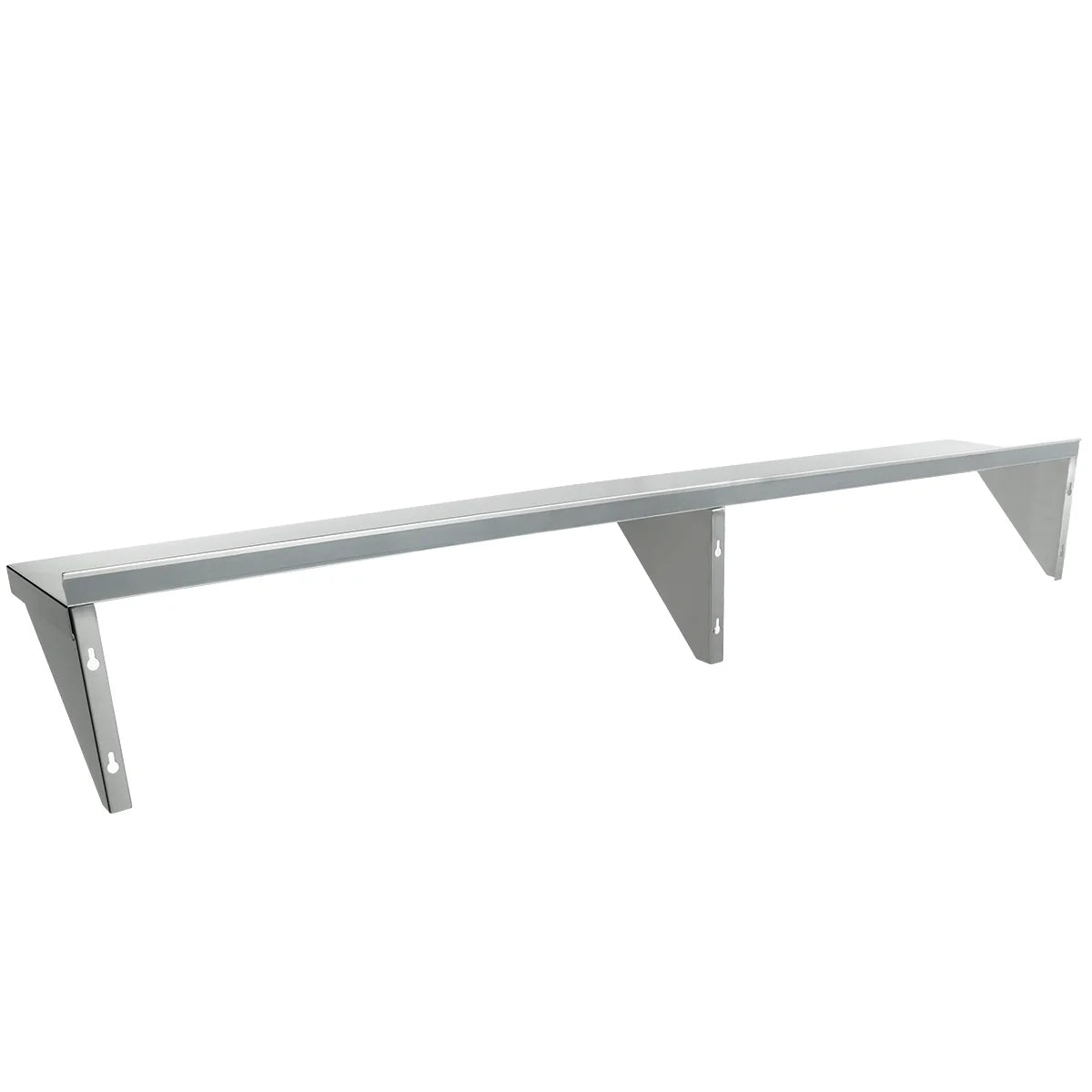 A stainless steel wall mount storage shelf with three triangular support brackets. This NSF-certified, rectangular shelf has rounded front edges and evenly spaced brackets with screw holes for secure attachment. The background is plain white.