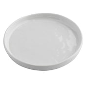 A plain, round white Ridge Collection Serving Plate with slightly raised edges is shown on a white background. The smooth, glossy surface features subtle reflections, highlighting its shiny finish and simple, unadorned TableCraft Products design.