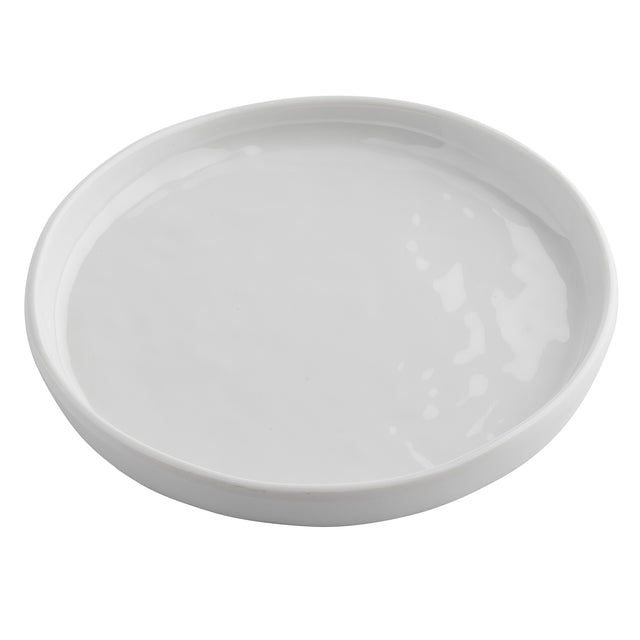 A plain, round white Ridge Collection Serving Plate with slightly raised edges is shown on a white background. The smooth, glossy surface features subtle reflections, highlighting its shiny finish and simple, unadorned TableCraft Products design.
