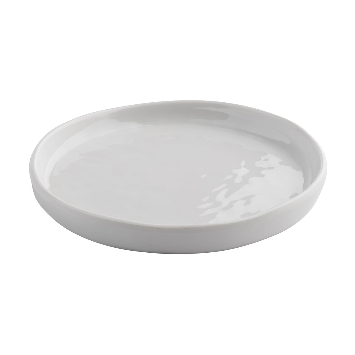 A plain, round, white Ridge Collection Serving Plate from TableCraft Products with a slightly raised rim, shown from an angled top view against a white background. The glossy melamine serving plate reflects light, giving it a smooth and clean appearance.
