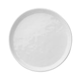 A plain, round white Ridge Collection Serving Plate by TableCraft Products is photographed from above against a white background, showcasing its smooth, glossy surface with subtle reflections and no patterns or decorations.