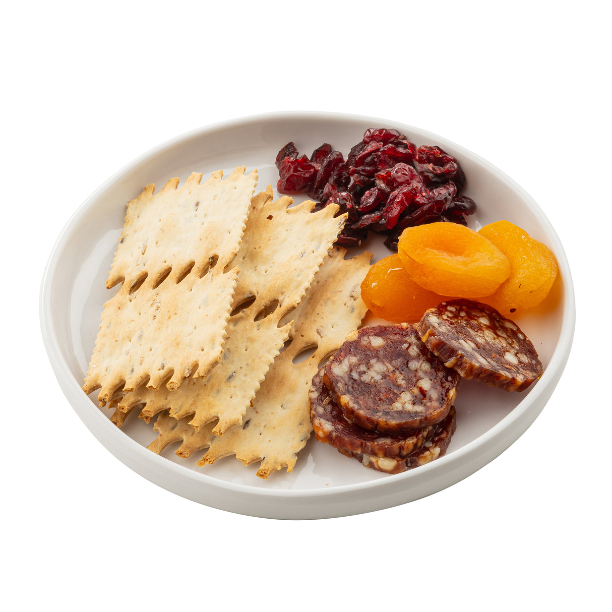 A white melamine serving plate features rectangular seeded crackers, dried cranberries, dried apricots, and slices of cured sausage, all arranged in separate sections. The background is plain white.