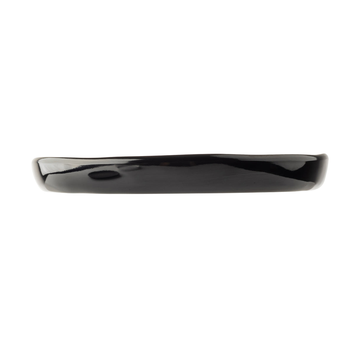 A glossy, black, oval-shaped serving plate from the Ridge Collection is shown from a side view against a white background. The plate has a smooth surface and slightly curved edges, giving it a sleek, modern appearance.