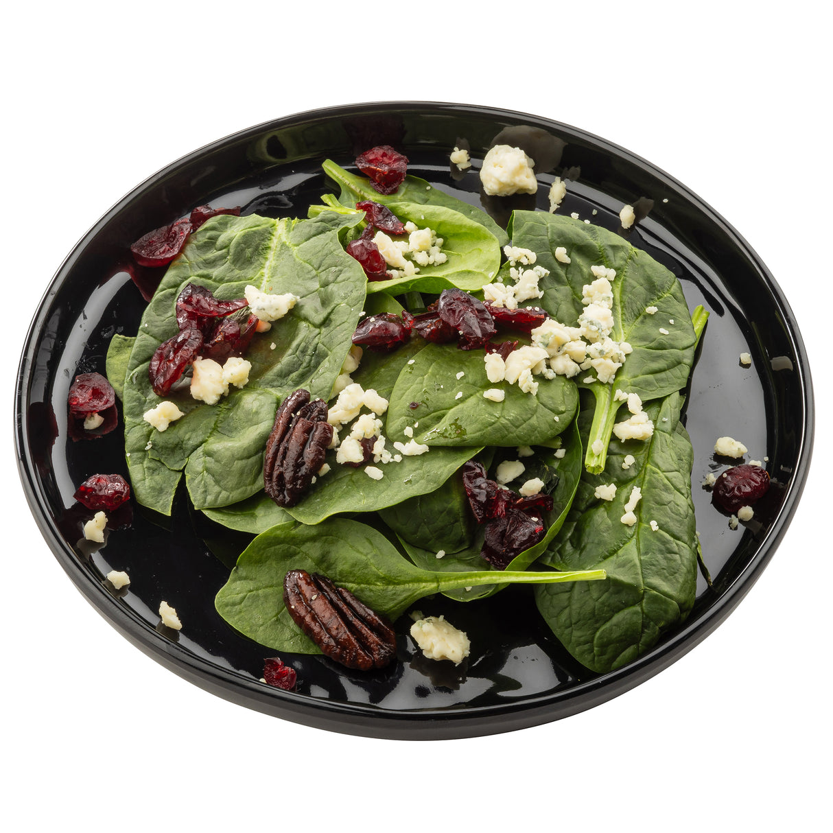 A black Ridge Collection Serving Plate with fresh spinach leaves, topped with candied pecans, dried cranberries, and crumbled blue cheese. The salad ingredients are spread evenly across the durable melamine plate on a white background.