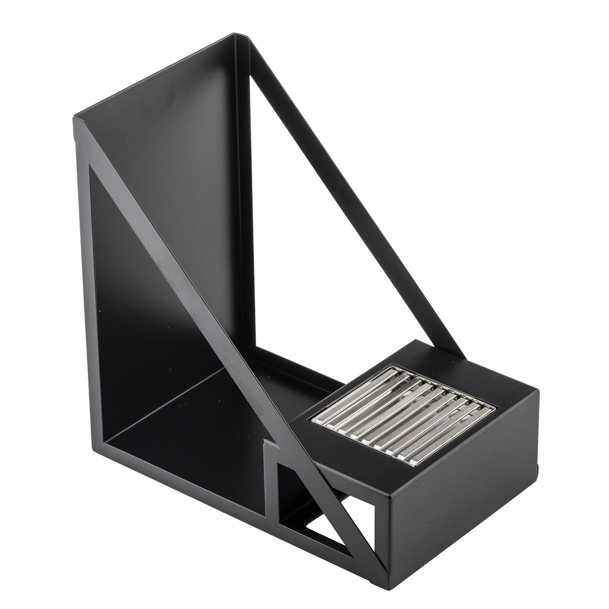 A geometric, modern black powder coated steel bookend with a triangular side profile. One end features a small, built-in metal grate section, adding a decorative and functional accent to the angular, minimalist design. The surface appears smooth and matte.