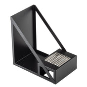 A geometric, modern black powder coated steel bookend with a triangular side profile. One end features a small, built-in metal grate section, adding a decorative and functional accent to the angular, minimalist design. The surface appears smooth and matte.
