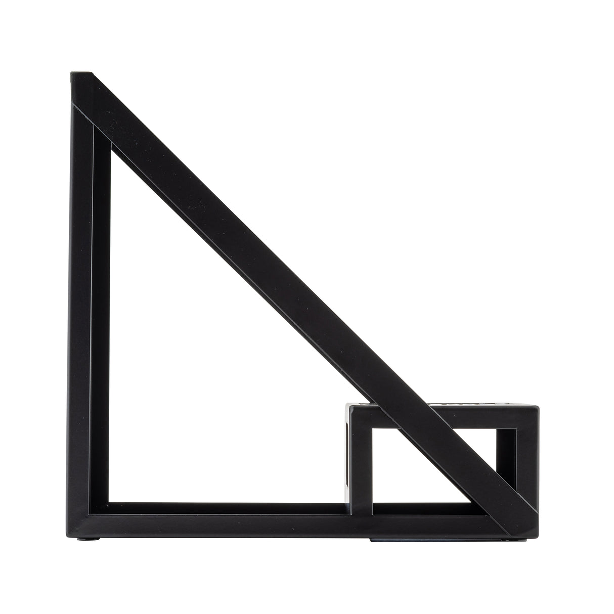 A black powder coated steel bookend with a modern geometric design, featuring a large right triangle frame and a small rectangular block inside the lower right corner. The structure has clean, straight lines and a matte finish, set against a white background.