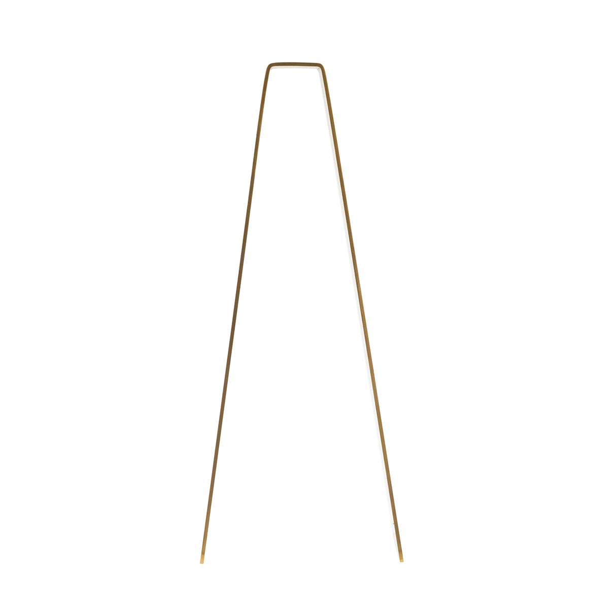 A single open gold bobby pin is shown upright on a white background. The metallic pin features a slight curve at the top and two long, straight arms that are slightly angled outward.