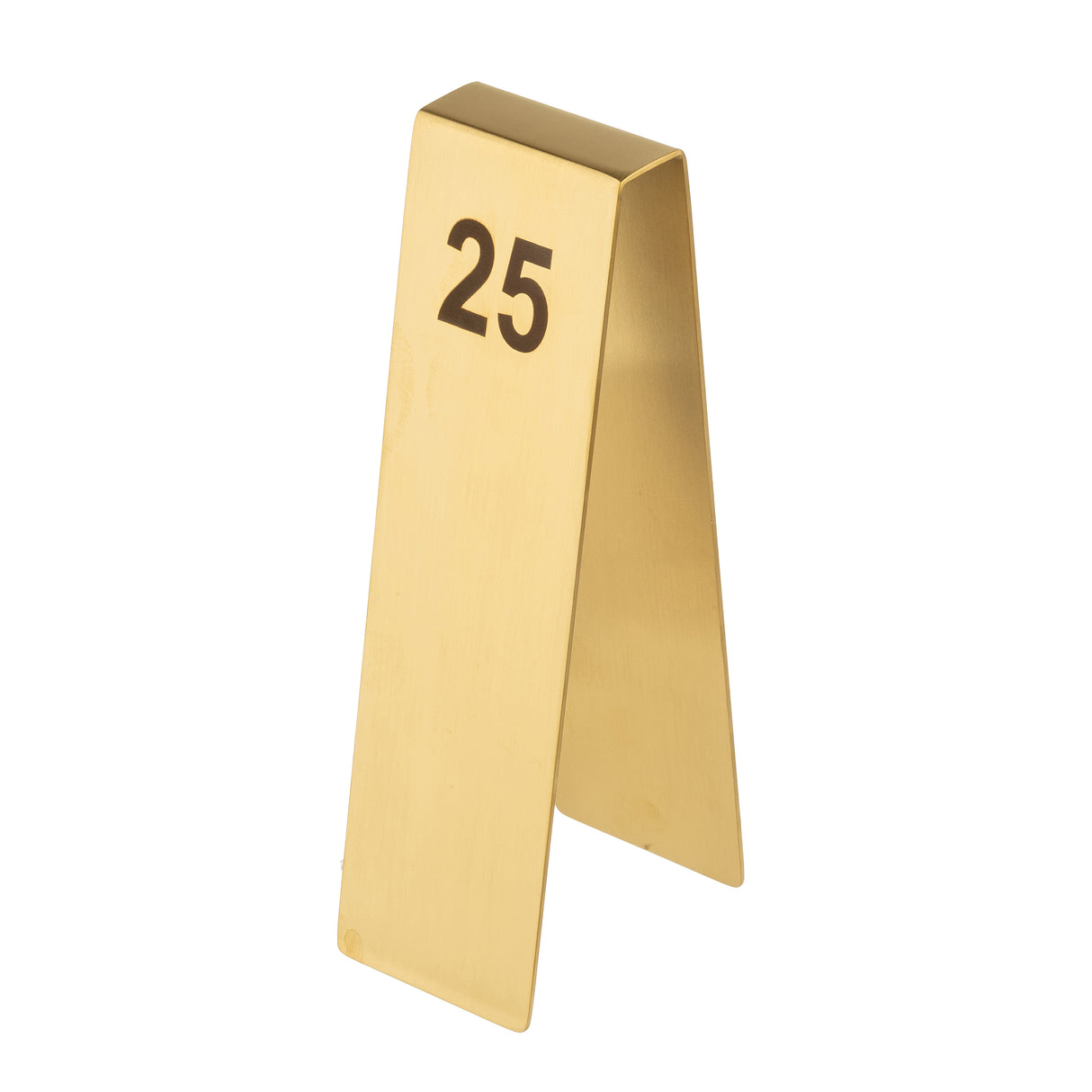 A gold, tent-shaped stainless steel table number stand with the number “25” printed in large, bold black letters on the front. This elegant Number Tent is photographed against a white background.