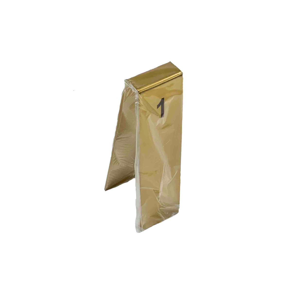 A gold, tent-shaped number tent stands upright on a white background. It is wrapped in clear plastic, with a black number 1 printed near the top. The lighting creates some shine on the metallic surface, highlighting its TableCraft quality.