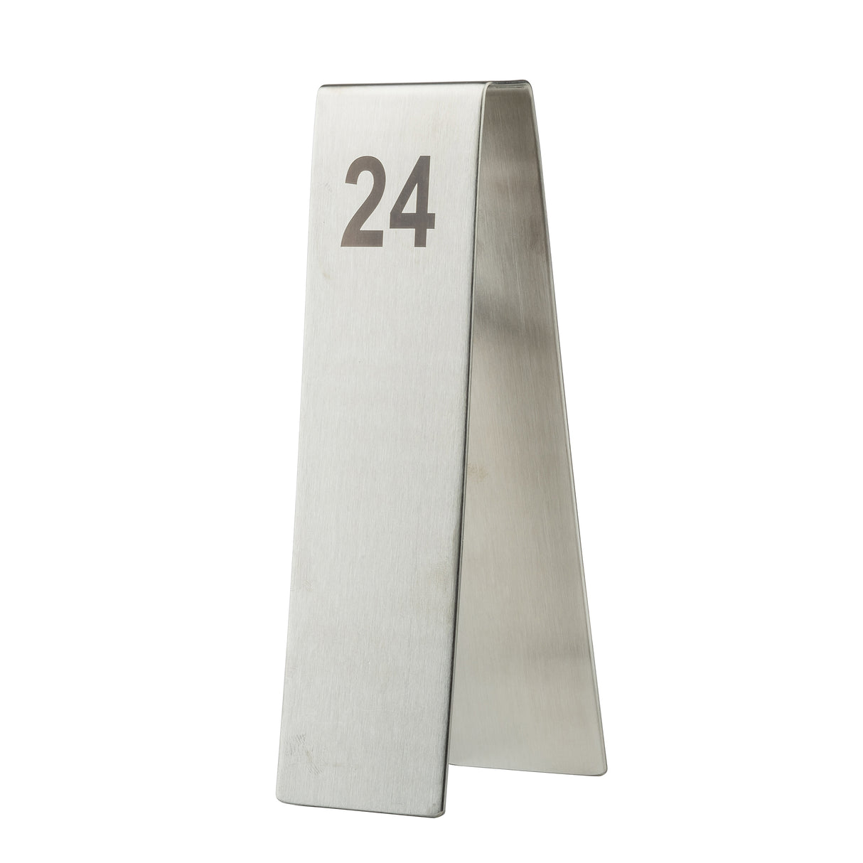 A silver, tent-shaped TableCraft stainless steel table number stand displays the number 24 in bold, black print near the top. The number tent is photographed against a plain white background.