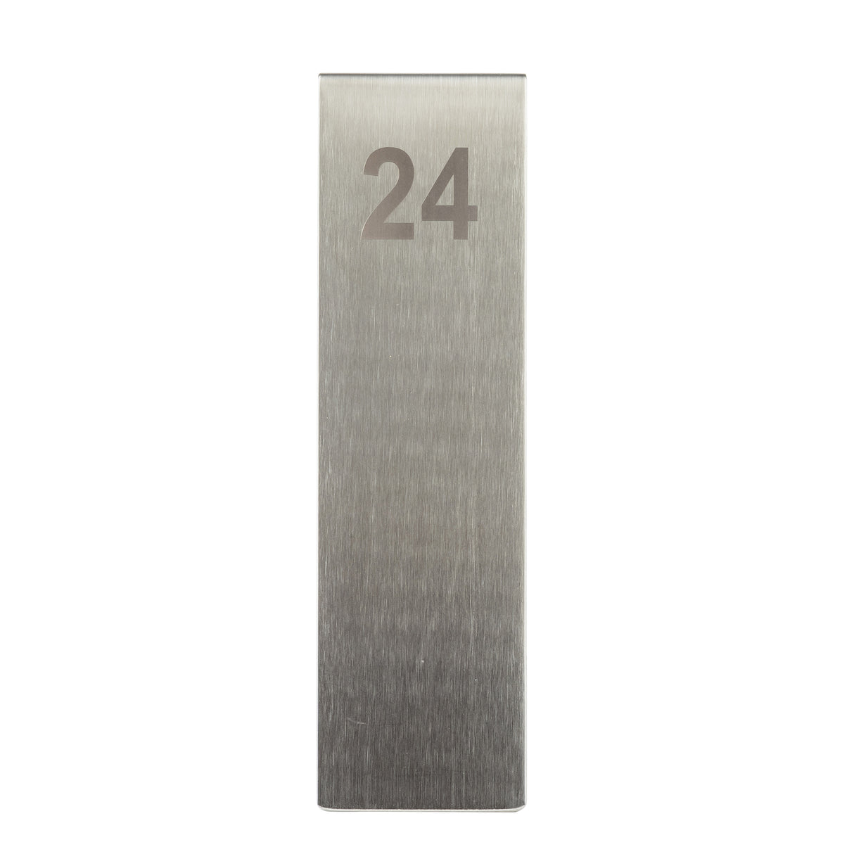 A rectangular, silver metallic sign made of stainless steel stands upright. The number 24 is printed in large, bold, gray digits near the top center. This TableCraft number tent features a brushed texture and a plain white background.
