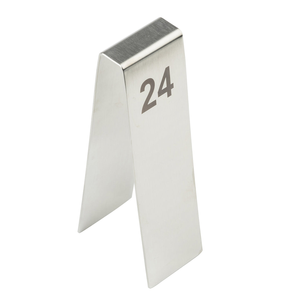 A TableCraft metal number tent, shaped like an inverted “V,” displays the number 24 in black. Crafted from brushed stainless steel, this number tent is photographed against a white background.