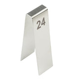 A TableCraft metal number tent, shaped like an inverted “V,” displays the number 24 in black. Crafted from brushed stainless steel, this number tent is photographed against a white background.