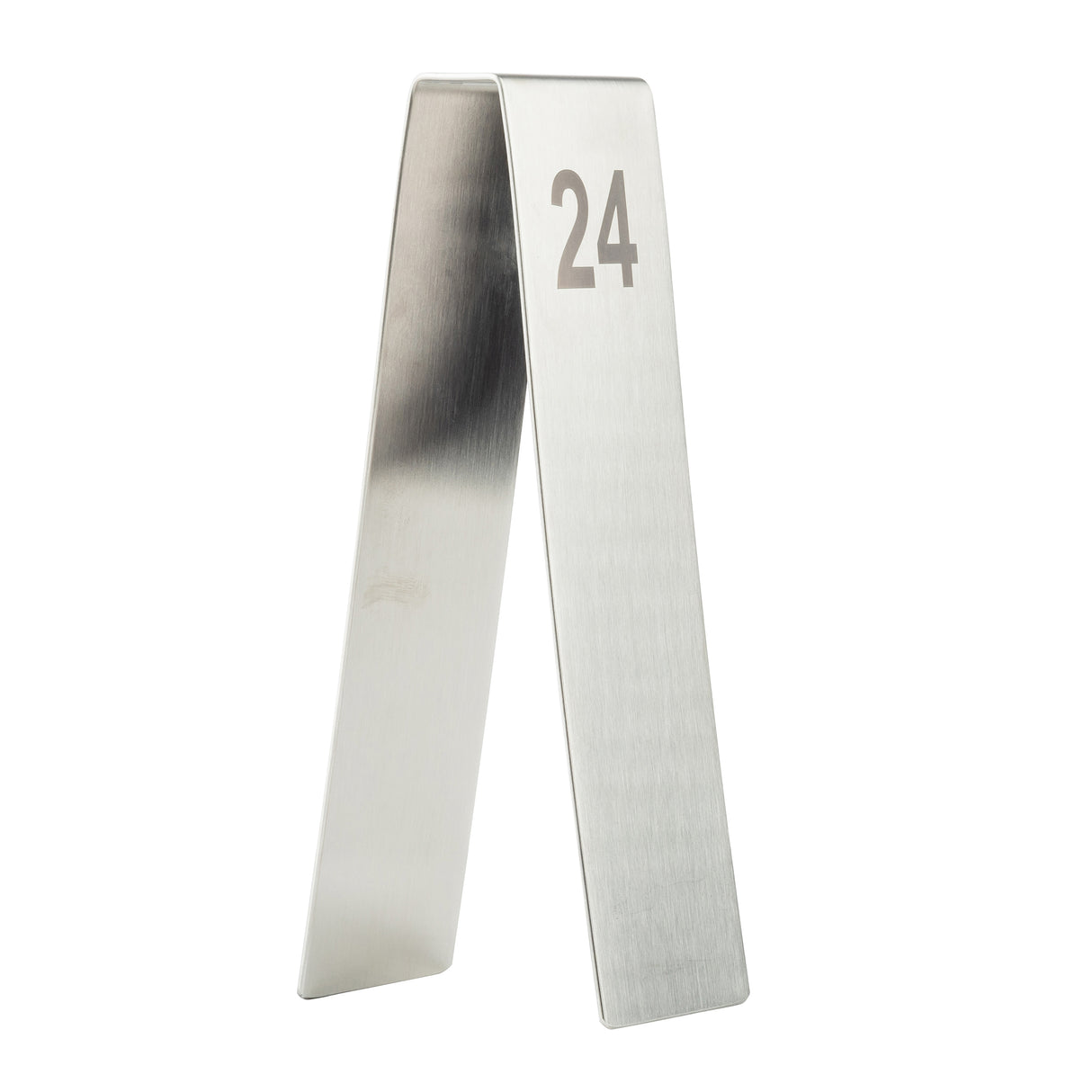 A stainless steel number tent from TableCraft, this silver metal stand is shaped like an inverted “V,” with the number “24” in large, bold digits near the top on one side and a plain white background.