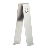 A stainless steel number tent from TableCraft, this silver metal stand is shaped like an inverted “V,” with the number “24” in large, bold digits near the top on one side and a plain white background.