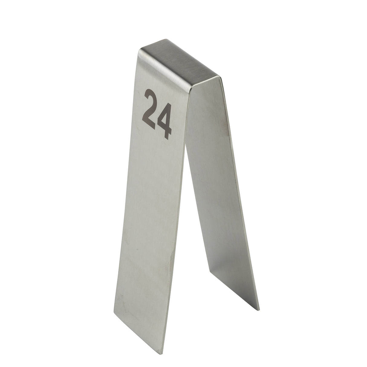A metallic, tent-shaped TableCraft number tent with the number 24 printed in black on one side. This stand is made of stainless steel and is photographed on a white background.