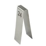 A metallic, tent-shaped TableCraft number tent with the number 24 printed in black on one side. This stand is made of stainless steel and is photographed on a white background.