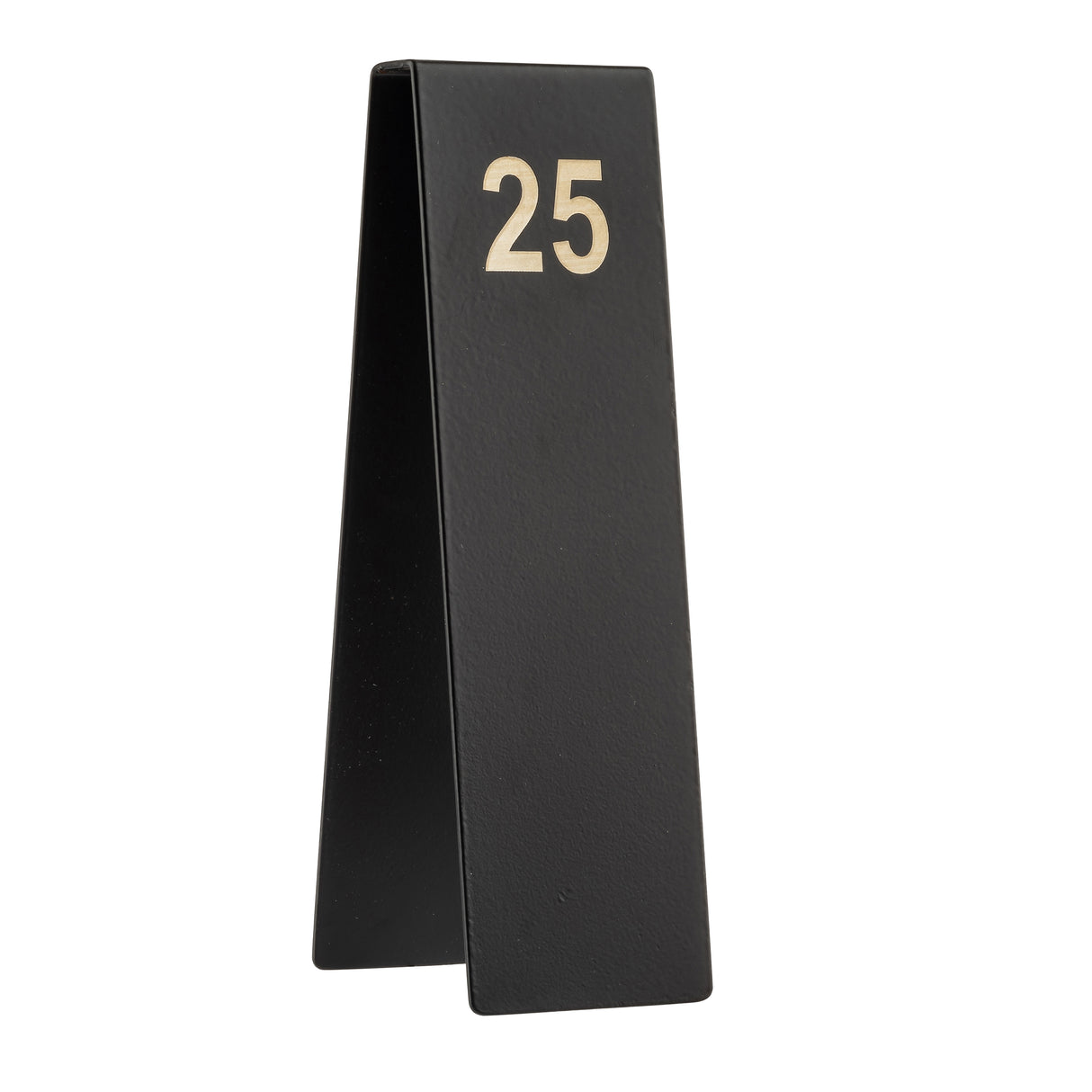 A black, triangular TableCraft Products table number stand with the number 25 in large metallic letters near the top. Made from powder coated stainless steel, this number tent is shown in side profile against a white background, highlighting its sturdy design.