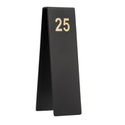 A black, triangular TableCraft Products table number stand with the number 25 in large metallic letters near the top. Made from powder coated stainless steel, this number tent is shown in side profile against a white background, highlighting its sturdy design.