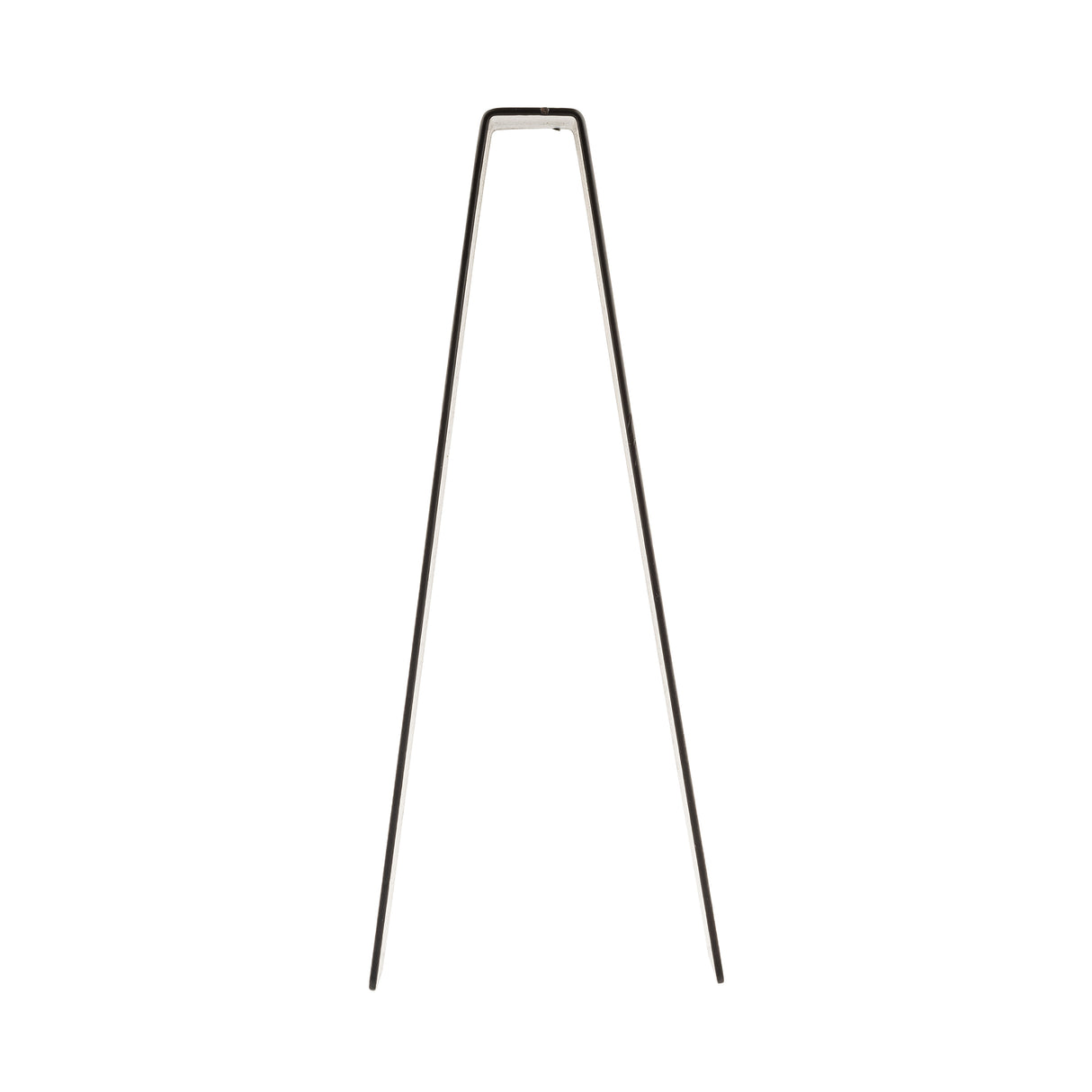 A minimalist black metal tripod easel, crafted from powder coated stainless steel, is viewed from the front. Two long, slender legs extend downward, while the flat top bar connects the sides—perfect for displaying number tents with a sleek look.