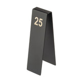 A black, powder coated stainless steel TableCraft Products number tent with the number 25 printed in large white text at the top, standing upright on a white background.