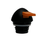 A black, dome-shaped Decaf Lid bottle stopper made from ABS, featuring an orange lever on top. The ribbed lower section and white sealing ring are designed for a secure fit. From TableCraft Products. Background is plain white.