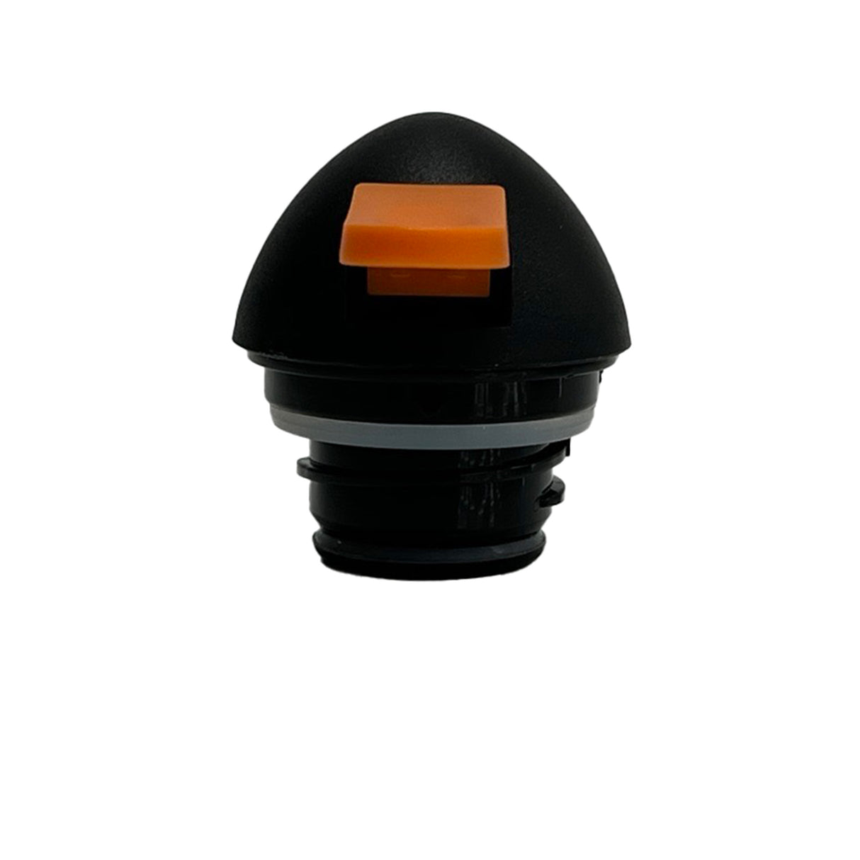 A black, dome-shaped ABS plastic bottle cap with an orange rectangular button or lever on top. This Decaf Lid features a translucent ring and is photographed against a plain white background.
